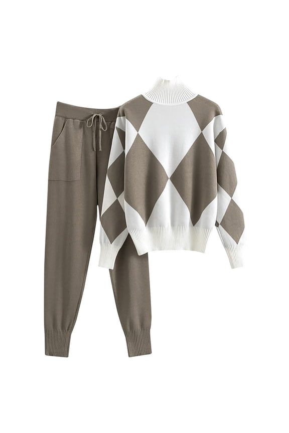 Diamond 2025 Two Piece Women Outfits - Oversized Turtleneck Knit Pullover Sweater Wide Leg Pants Fall Lounge Set Sweatsuit Khaki,S