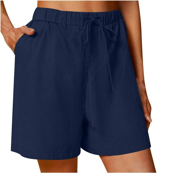 Moxiu Drawstring Linen Shorts Women,Shorts for Women 2025 Trendy Linen Shorts Casual Summer Plus Size Beach Shorts with Pockets Comfy Lounge Shorts Dark Blue,XL