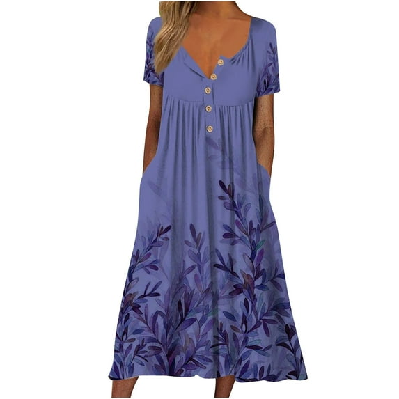 Moxiu Dresses for Women Boho Button V Neck Tie Knot Short Sleeve Dress Floral Print Flowy Beach Vacation Midi Dress with Pocket 2025 Purple,M