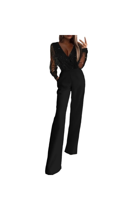 Elegant Sequin Jumpsuits for Women Deep V Neck Sheer Romper Puff Sleeve Formal Evening Party Wedding Guest Jumpsuits 2026 Black,XXL