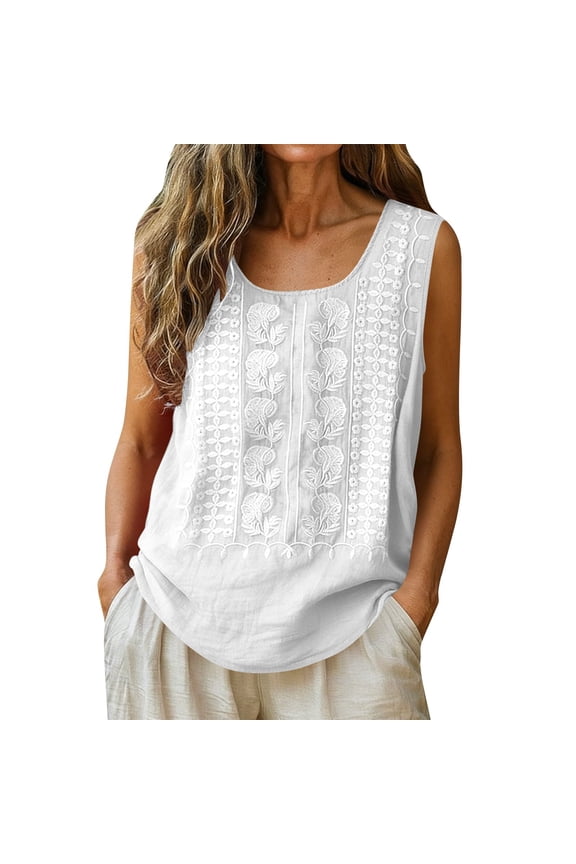 Embroidered Boho Tank Tops for Women Floral Gauze Sleeveless Cotton Linen Blouses Crew Neck Summer Dressy Casual Shirts White,M