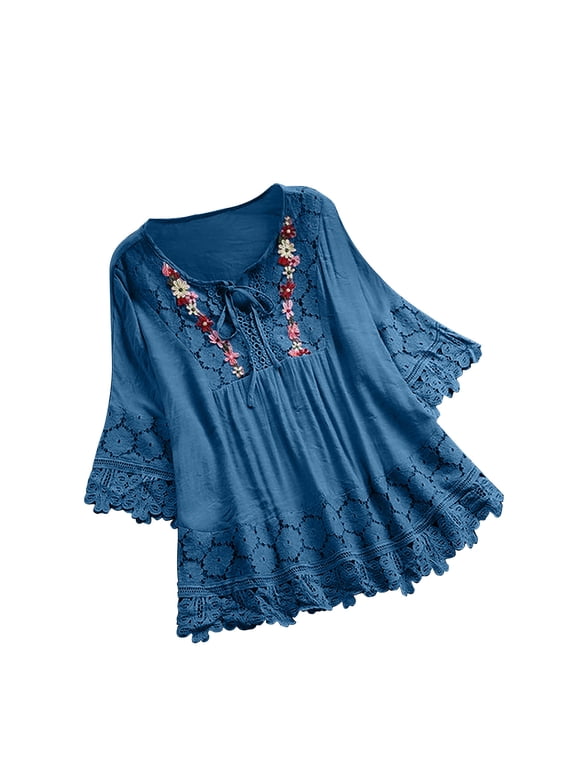 Embroidered Cotton Linen Tops for Women 3/4 Sleeve Plus Mexican Tunic Summer Boho Peasant Vintage Hippie V-Neck Blouse Blue,XXXL