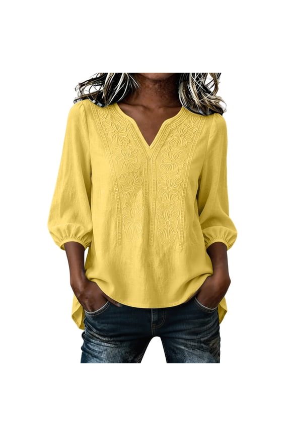 Embroidered Tops for Women 3/4 Sleeve Boho Peasant Blouse Gauze Cotton Linen Shirts V Neck Casual Bohemian Loose Tunics Yellow,L