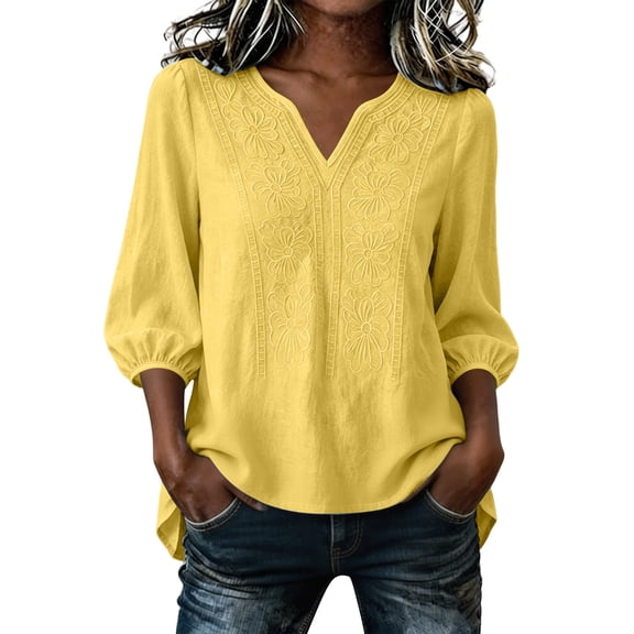 Moxiu Embroidered Tops for Women 3/4 Sleeve Boho Peasant Blouse Gauze Cotton Linen Shirts V Neck Casual Bohemian Loose Tunics Yellow,L