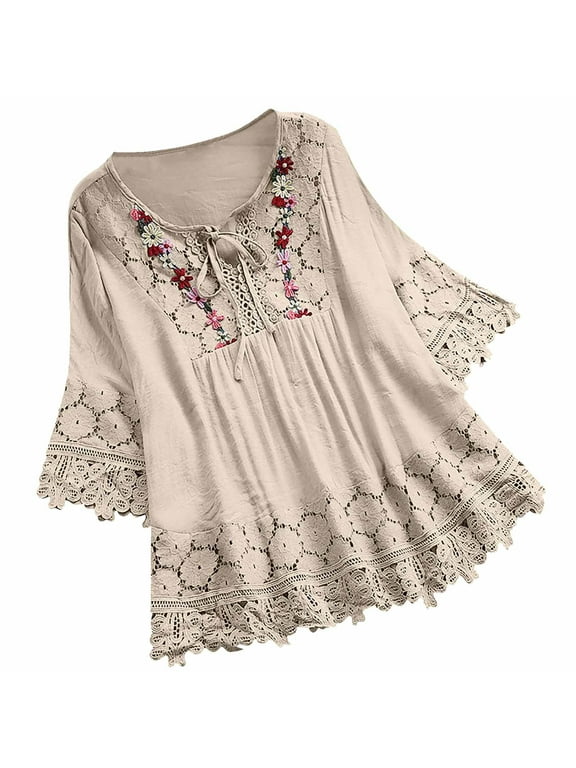 Embroidered Tops for Women Linen Tops Loose Fit Tunic 3/4 Sleeve Summer Shirts Boho Peasant Vintage Lace Patchwork Bow V-Neck Blouse Beige,L