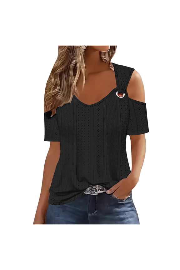 Eyelet Clod Sholuder Tops for Women 2024 Summer Hollow Out Short Sleeve T Shirts Solid Ladies Sexy Going Out Tunic Blouses Top Black,L