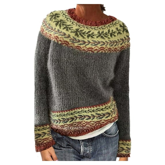 Moxiu Fair Isle Sweaters for Women 2025 Knitted Sweater Vintage Long Sleeve Boat Neck Retro Lightweight Pullover Top for Fall Winter Spring Gray,S