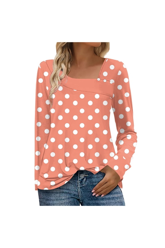 Fall Boho Tops for Women 2025 Long Sleeve Shirts for Women Polka Dot Asymmetric Square Neck Tunic Tops Decorative Buttons Orange,L