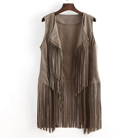 Moxiu Fall Prime Day 2023 Clearance New Tassels Fringe Sleeveless Vest Open-Front Cardigan Faux Suede 70s Hippie Waistcoat Jacket Outwear Tops XS-XXXL
