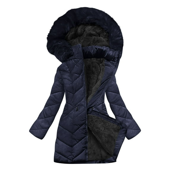 Moxiu Faux Fur Hood Women Winter Plus Size Parkas - Fleece Lined Sherpa Thicken Puffer Coats Jackets Warm Outwear Navy,XXL