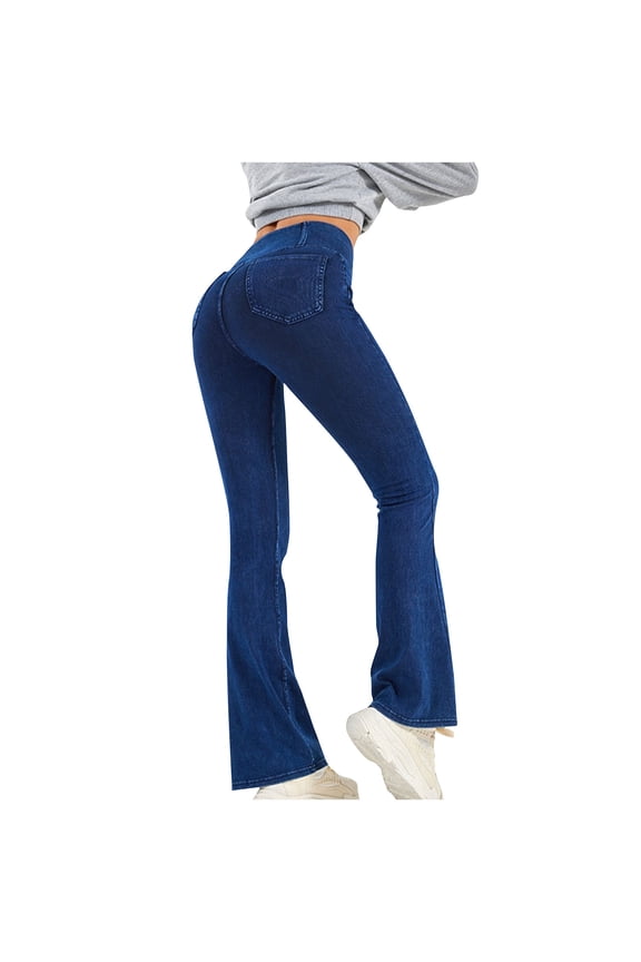 Flare Jeans for Women High Waisted Skinny Tummy Conrtrol Bootcut Yoga Faux Denim Pant Buttery Soft Bell Bottom Tight Trousers with Pockets Dark Blue,L