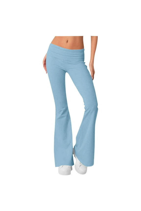 Flare Leggings for Women Low Rise Fold Over Flared Yoga Pants Soft Stretchy Bootcut Leggings Ladies Comfy Workout Pants 2025 Light Blue,S