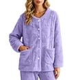 thumbnail image 1 of Moxiu Fleece Bed Jacket for Women Cozy Soft Plush Jackets Floral Texture Pajama Top with Pockets Button Front Lounge Sleepwear Purple,L, 1 of 9