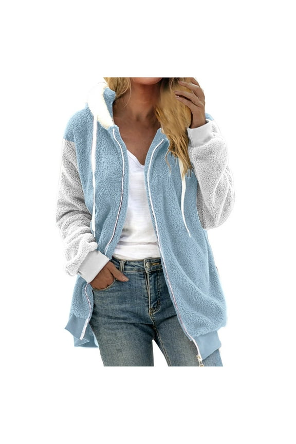 Fleece Jacket Women Casual Fuzzy Sherpa Jacket Women Oversized Hooded Color Block Patchwork Cardigan Coats Plush Zipper Comfy Winter Outerwear with Pockets