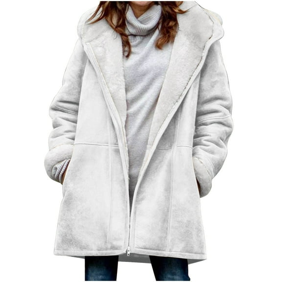 Moxiu Fleece Jacket for Women Plus Horn Button Coat Fuzzy Sherpa Lined Parka Hooded Warm Long Winter Jackets Outerwear 2024 White,M