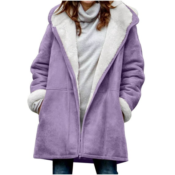 Moxiu Fleece Lined Jacket for Women Plus Horn Button Coat Fuzzy Sherpa Parka Hooded Warm Long Winter Jackets Outerwear 2024 Purple,S