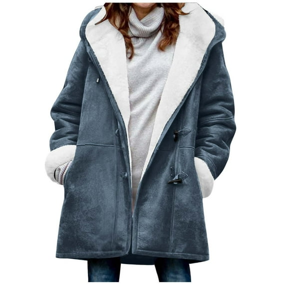 Moxiu Fleece Lined Winter Coats for Women Plus Size Horn Button Jacket Fuzzy Sherpa Parka Hooded Warm Long Winter Jackets Outerwear 2024 Navy,XL