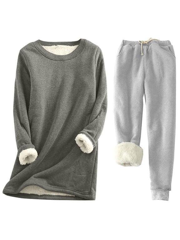 Fleece Pajamas for Women Womens Fleece Loungewear Sets for 2 Piece Winter Warm Pajama Outfits Sherpa Lined Tracksuit Solid Color Crewneck Pants Sweatsuits 2025 Gray,XXXXXL