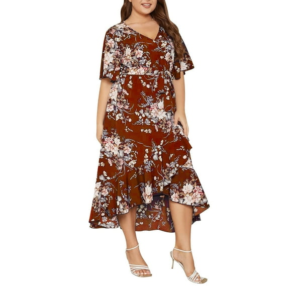 Moxiu Floral Maxi Dresses for Women 2025 Summer Casual Plus Size V Neck Flowy Long Dress Baggy Comfy Beach Vacation Sundress Wine,XXXL