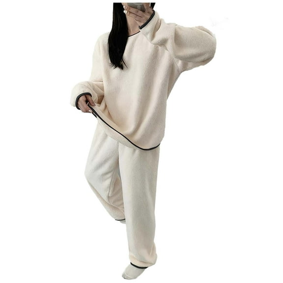 Moxiu Free Size Women’s Fleece Pajamas - 2 Piece Fuzzy Long Sleeve Crewneck Wide Leg Winter Sherpa Lounge Sets White,Free Size