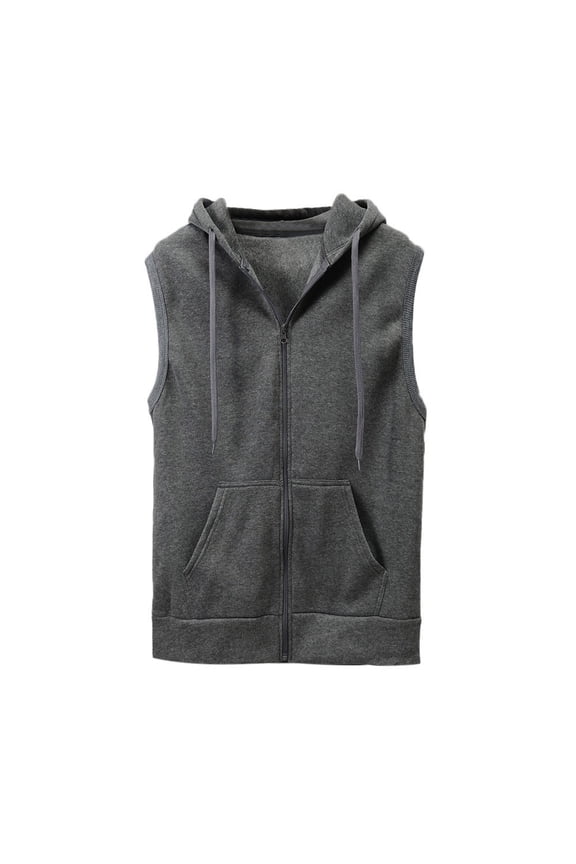 Full Zip Sleeveless Hoodies for Men Summer Drawstring Hooded Tank Tops Stretch Workout Cut Off Muscle Athletic Jackets Gray,L