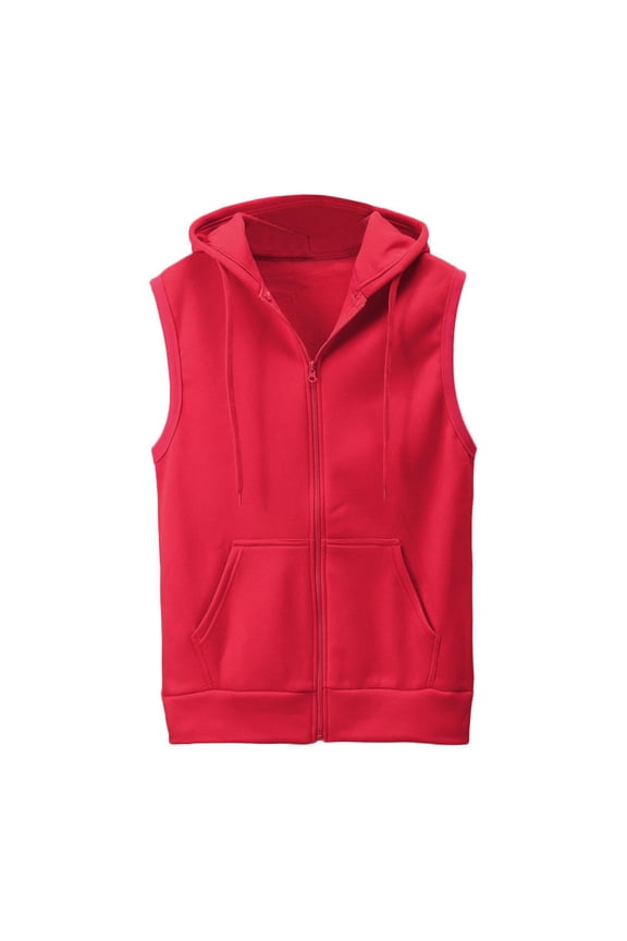 Full Zip Sleeveless Hoodies for Men Summer Drawstring Hooded Tank Tops Stretch Workout Cut Off Muscle Athletic Jackets Red,XL