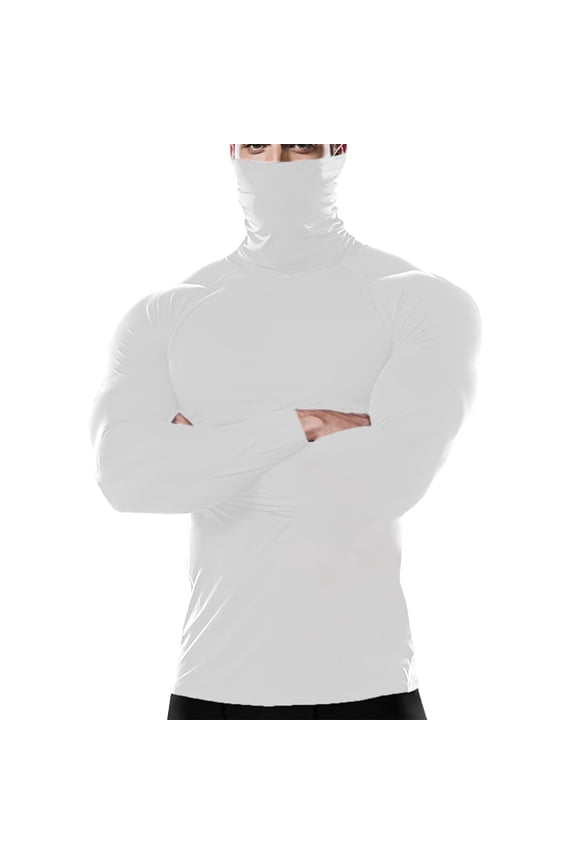 Gaiter-Neck with Face Mask Mens Thermal Compression Shirt Mock Turtleneck Gym Fitness Running Base Layer White,XS