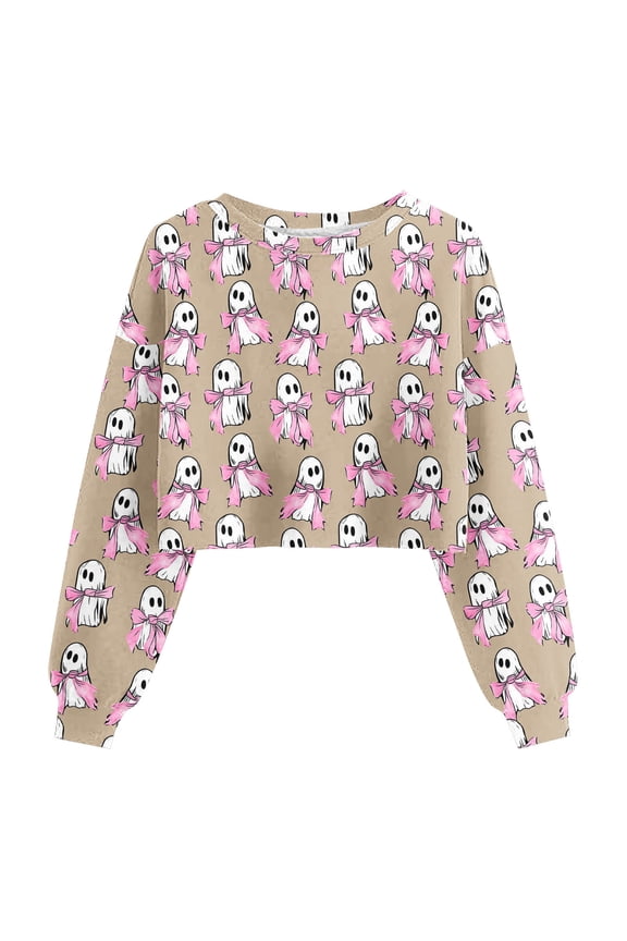 Ghost Halloween Shirts for Women Crop Sweatshirt 2025 Fall Halloween Lantern Long Sleeve Pullover Spooky Season Sweatshirt Khaki,L