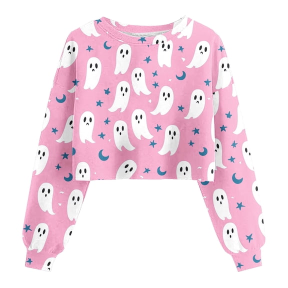 Moxiu Ghost Sweatshirts for Women Crop Sweatshirt 2025 Fall Halloween Lantern Long Sleeve Pullover Spooky Season Sweatshirt Pink,XXL
