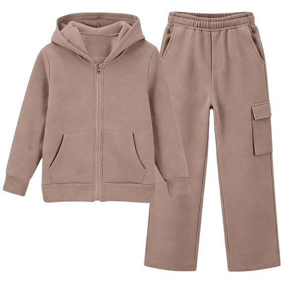 Moxiu Girl Sweatsuit Girls Sweatsuits Solid Color Fall Winter Kid Zip Up Hoodie and Cargo Sweatpants Two Piece Set Brown,9-10 Years