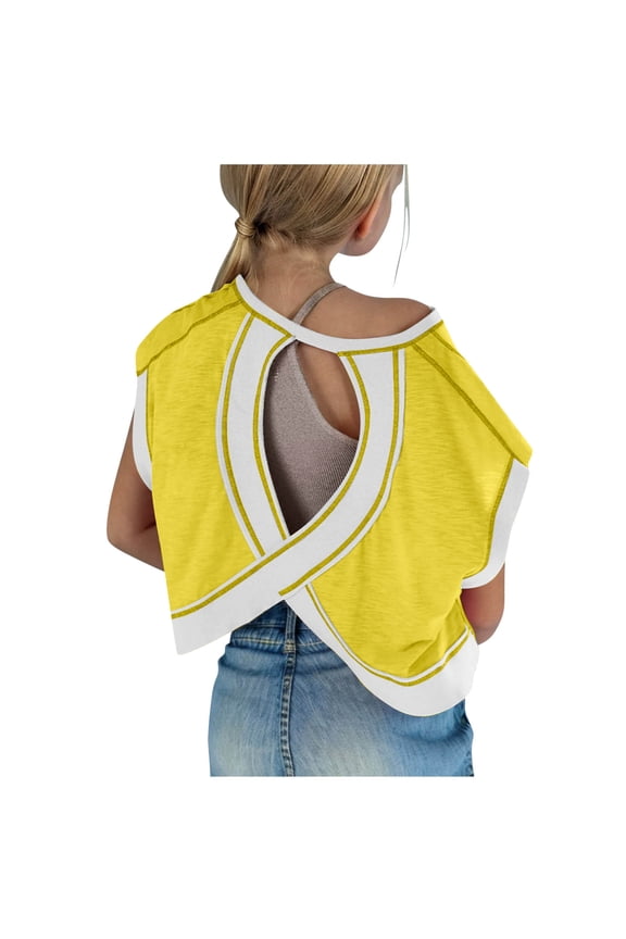 Girls Open Back Workout Tops Kids Short Sleeve Criss Cross Cotton Athletic Crop Lightweight Gym Yoga T Shirts Yellow,9 Years