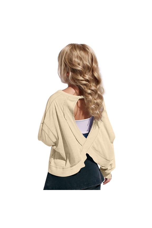 Girls Open Back Workout Tops Long Sleeve Backless Athletic Shirts Casual Crop Running Tee 2025 Spring Y2k Shirts Khaki,9 Years