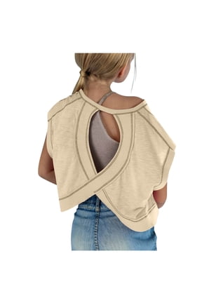Girls Open Back Workout Tops Short Sleeve Backless Athletic Shirts Casual Crop Running Tee 2025 Spring Y2k Shirts Khaki,9 Years