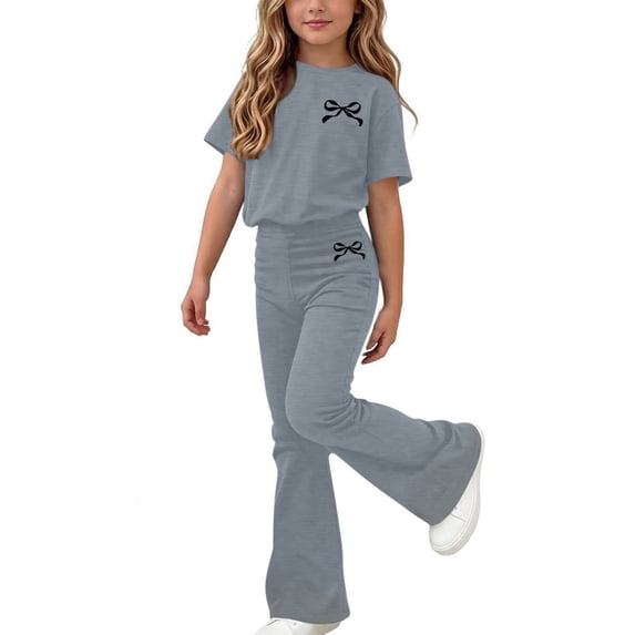 Moxiu Girls Outfits Summer Short Sleeve T Shirt Flare Pants Sets Cute Preppy Bow Printed Casual Vacation Clothes Graphic Set Gray,9-10Years