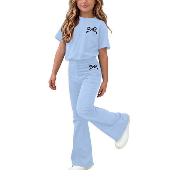 Moxiu Girls Outfits Summer Short Sleeve T Shirt Flare Pants Sets Cute Preppy Bow Printed Casual Vacation Clothes Graphic Set Light Blue,9-10Years