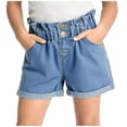 thumbnail image 1 of Moxiu Girls Ruffle Denim Shorts Summer Button Elastic High Waist Jean Shorts Casual Distressed Washed Short Pants Blue,5-6 Years, 1 of 6