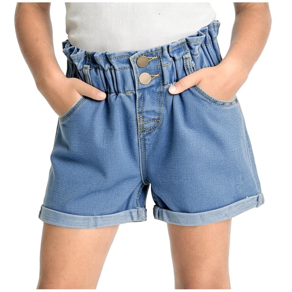 Moxiu Girls Ruffle Denim Shorts Summer Button Elastic High Waist Jean Shorts Casual Distressed Washed Short Pants Blue,5-6 Years