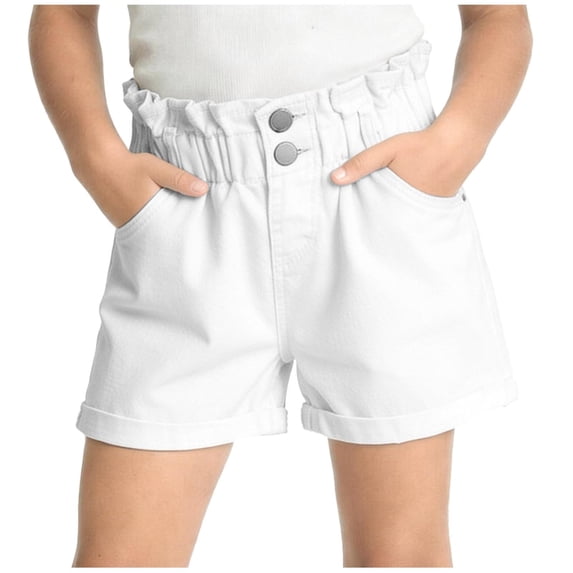 Moxiu Girls Ruffle Denim Shorts Summer Button Elastic High Waist Jean Shorts Casual Distressed Washed Short Pants White,4-5 Years