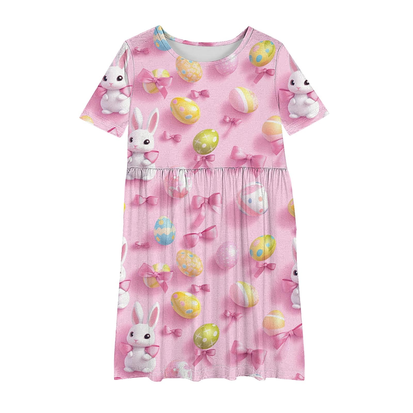 cute easter dresses for tweens Moxiu Girls Summer Dress Tween Easter Print Cute Bunny Rabbit Eggs Smocked Swing Flowy Ruffle Midi Dresses 4-14 Years 2025 Pink,5 Years, Girl's, Size: