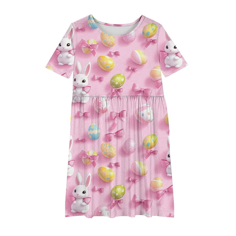 girls easter dresses 2025 Moxiu Girls Summer Dress Tween Easter Print Cute Bunny Rabbit Eggs Smocked Swing Flowy Ruffle Midi Dresses 4-14 Years 2025 Pink,5 Years, Girl's, Size: