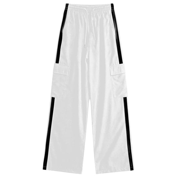 Moxiu Girls Wide Leg Side Stripe Cargo Sweatpants Kids Baggy Track Pants Drawstring Workout Athletic Pants with Pockets White,11-12 Years