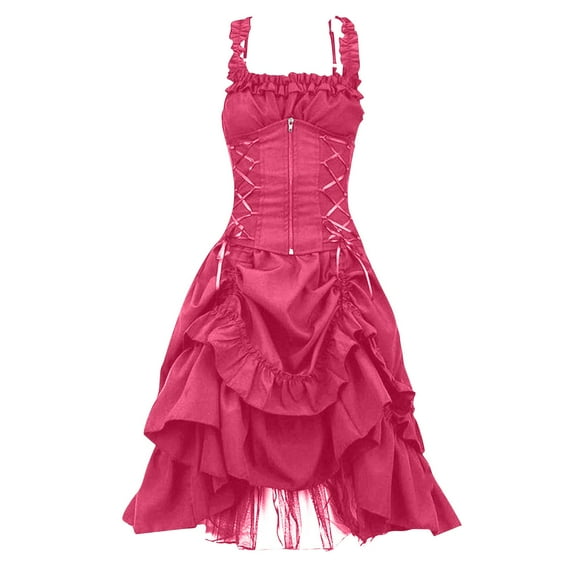 Moxiu Gothic Dresses for Women Vintage Goth Lace Dress Sleeveless Party Dress Halloween Dark Drawstring Waist Plus Size Dress 2025 Hot Pink,XXXXL