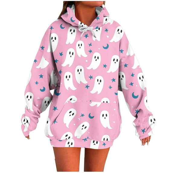 Moxiu Halloween Costume Sweatshirts for Women Spooky Season Hoodie Cute Ghost Graphic Sweatshirts Funny Long Sleeve Hoodies Pink,XXL