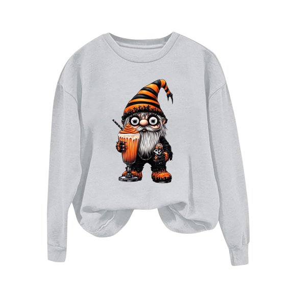 Moxiu Halloween Ghost Dog Sweatshirt Women Spooky Printed Cute Crewneck Pullover Shirt 2025 Fall Tunic Top for Teen Gril Gray,S