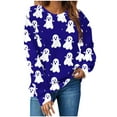 thumbnail image 1 of Moxiu Halloween Ghost Shirt for Women Spooky Season Funny Long Sleeve Graphic Crewneck Pullover Tops Cute Holiday Sweater Dark Blue,M, 1 of 4