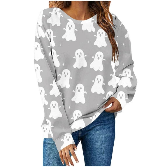 Moxiu Halloween Ghost Shirts for Women Spooky Season Funny Long Sleeve Graphic Crewneck Pullover Tops Cute Holiday Sweater Dark Gray,L