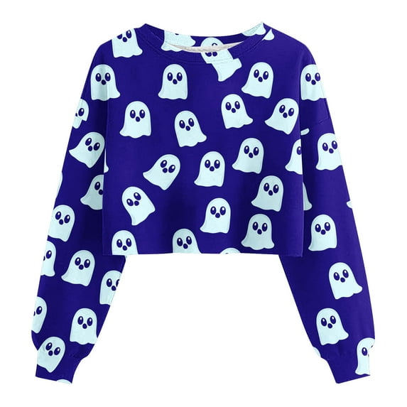 Moxiu Halloween Ghost Sweaters for Women Crop Sweatshirt 2025 Fall Halloween Lantern Long Sleeve Pullover Spooky Season Sweatshirt Dark Blue,S