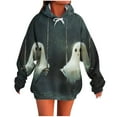thumbnail image 1 of Moxiu Halloween Ghost Sweaters for Women Hoodies Long Sleeve Oversized Hooded Sweatshirt Spooky Season Pullover Tops Green,M, 1 of 5