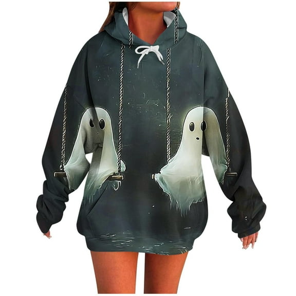 Moxiu Halloween Ghost Sweaters for Women Hoodies Long Sleeve Oversized Hooded Sweatshirt Spooky Season Pullover Tops Green,XL