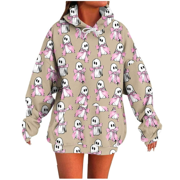 Moxiu Halloween Ghost Sweaters for Women Hoodies Long Sleeve Oversized Hooded Sweatshirt Spooky Season Pullover Tops Khaki,XL